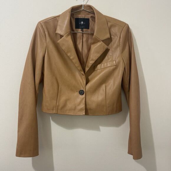 7 For All Mankind Faux Leather Cropped Tan  Blazer Jacket Womens Size Small NWOT - Picture 1 of 6